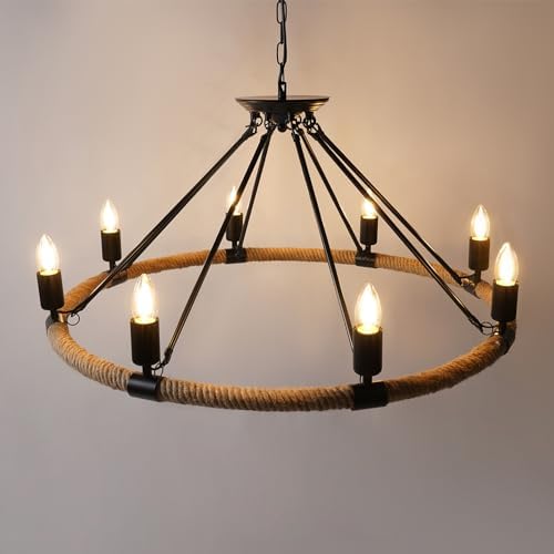 8 Light Farmhouse Candle Chandelier with Hemp Rope