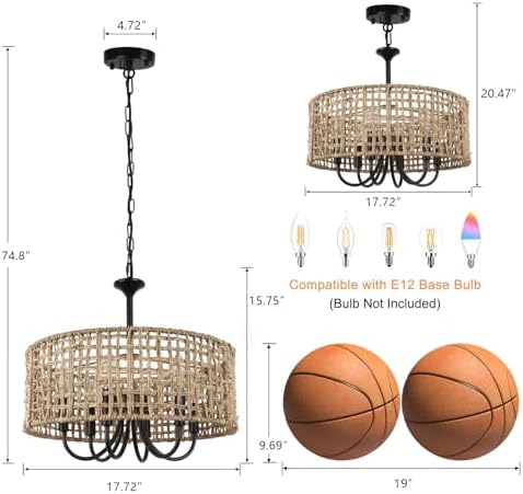 LynPon 177 Inch Black Rattan Chandelier with 6 Lights
