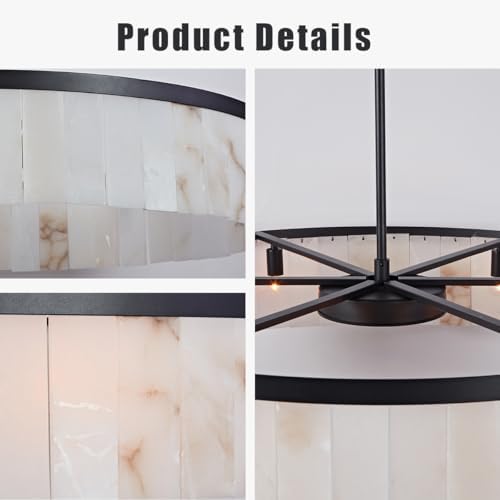 Alabaster Rustic Chandelier with Black Iron Frame