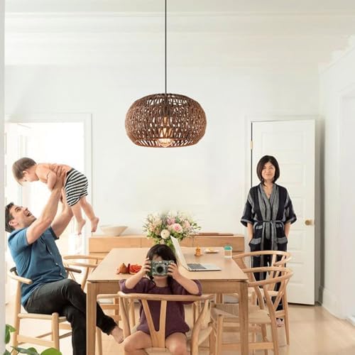 Boho Rattan Chandelier with Handwoven Lampshade for Farmhouse Kitchen Living Room