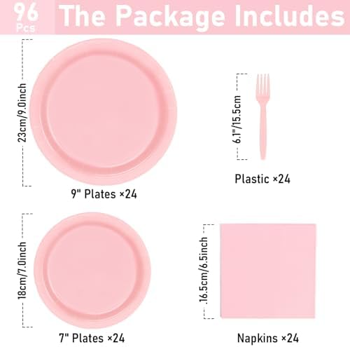 96 Pcs Pink Paper Plates and Napkins Set for 24 Guests