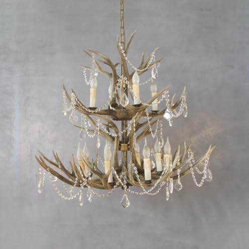 Large Faux Antler Chandelier with 12 Crystal Lights