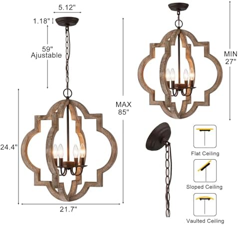 22 Rustic Oak Farmhouse Chandelier 4-Light Pendant Lighting