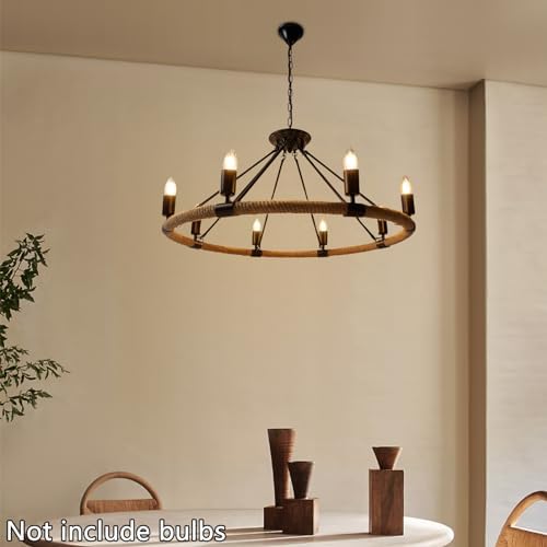 8 Light Farmhouse Candle Chandelier with Hemp Rope