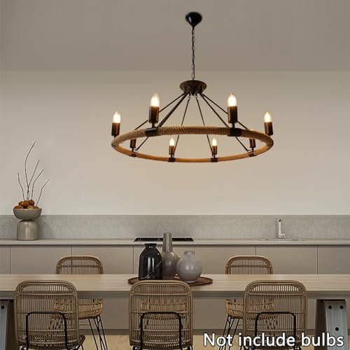 8 Light Farmhouse Candle Chandelier with Hemp Rope