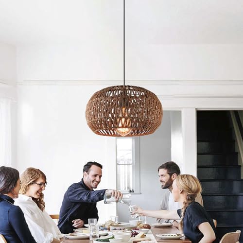 Boho Rattan Chandelier with Handwoven Lampshade 1-Light