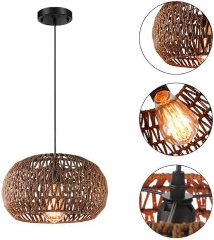 Boho Rattan Chandelier with Handwoven Lampshade for Farmhouse Kitchen Living Room