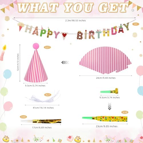 94 Piece Birthday Cone Hats with Banner and Blowouts