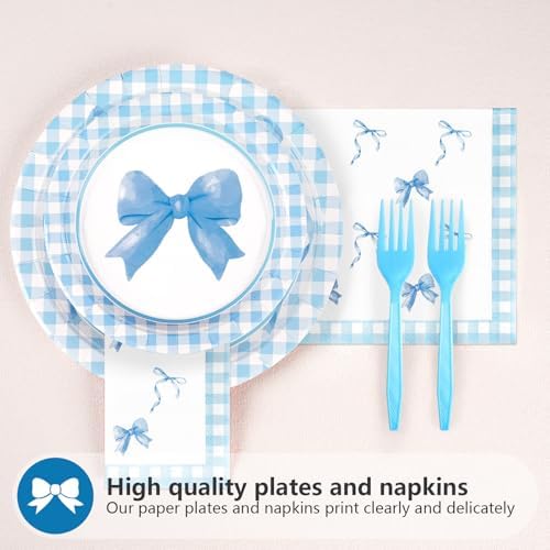 96Pcs Blue Bow Plates Napkins Forks Set for Birthday Party