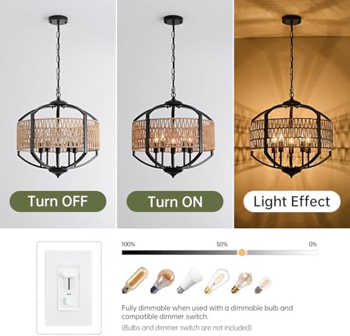 5-Light Rattan Chandelier Modern Farmhouse Style