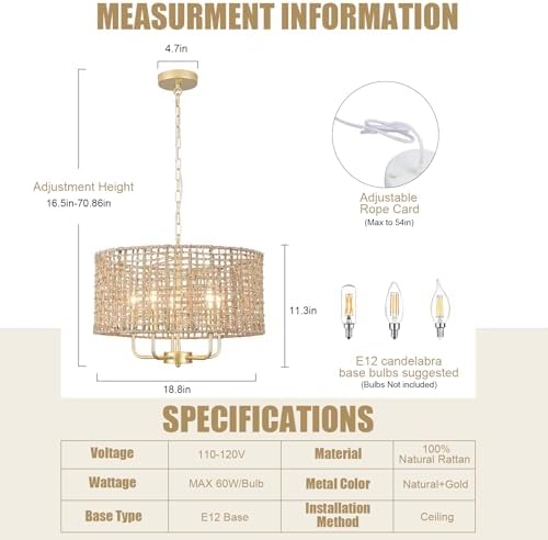 Rattan Boho Chandelier 5 Light Gold Drum Wicker Ceiling Hanging
