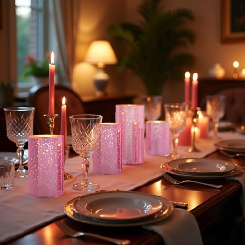 Pink Mercury Glass Flameless LED Candles with Remote and Timer Batteries Included