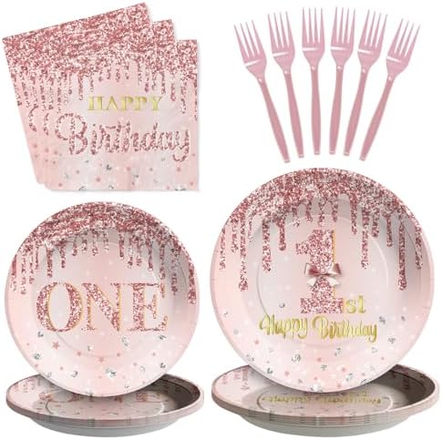 Grencian 96 Pcs 1st Birthday Plates Rose Gold Set for Girl