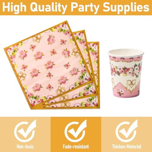 96 Pcs Floral Pink Green Party Plates Set for 24 Guests