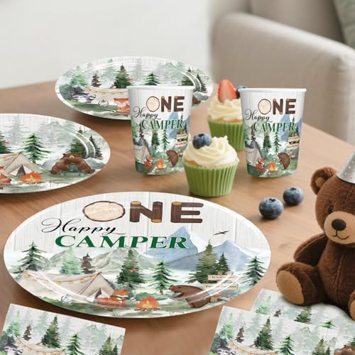 Camper Birthday Decorations for Boy 1st with Tableware Set