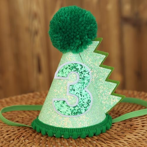 Green Glitter Dinosaur Birthday Cone Hat for Kids