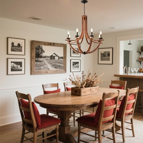 BAOURE Rustic Farmhouse Chandelier 8 Light Wood Texture Hanging Light