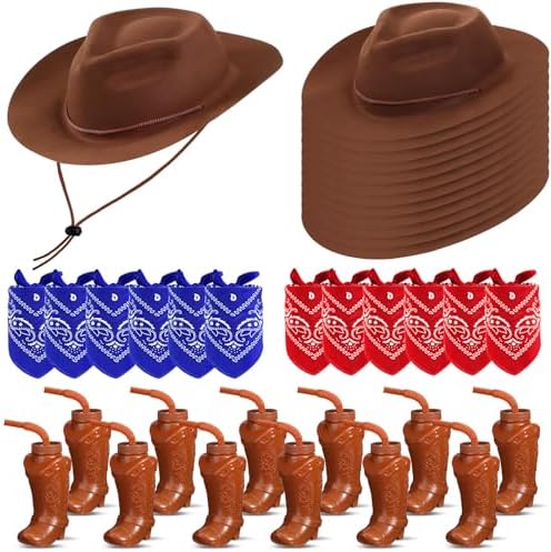 Xtinmee 36 Pcs Cowboy Party Hats Bandanas Cups Set