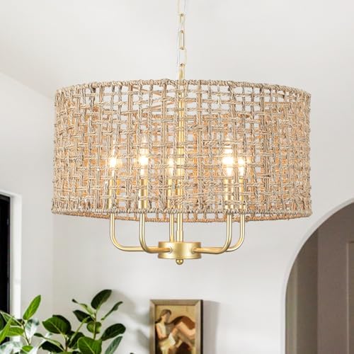 Rattan Boho Chandelier 5 Light Gold Drum Wicker Ceiling Hanging