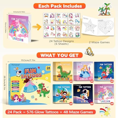 PARTYWIND 576PCS Glow Temporary Tattoos Kids Party Favors with Maze Games