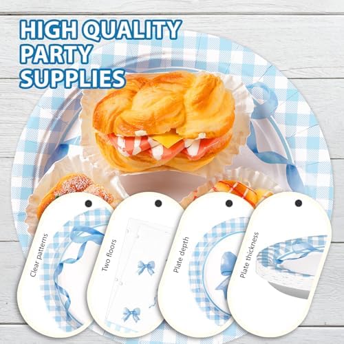 96Pcs Blue Bow Plates Napkins Forks Set for Birthday Party