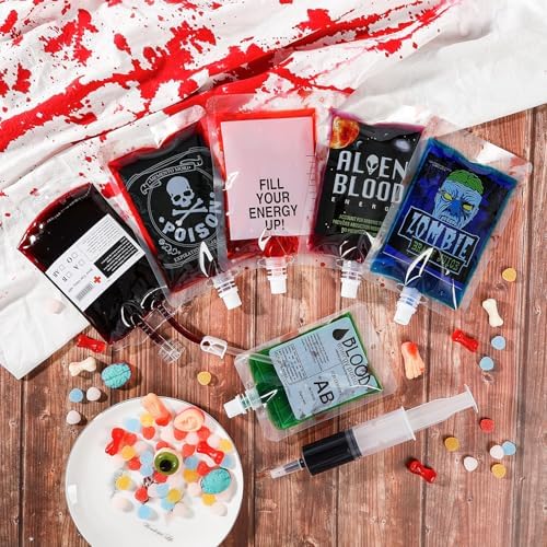 Halloween Blood Bags Party Supplies - 42PCS Blood Drink Pouches 7 Syringes