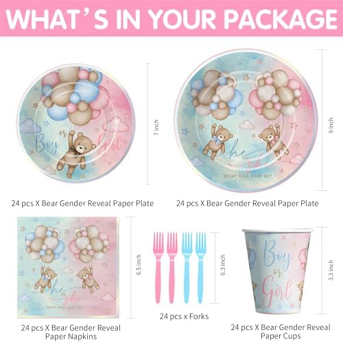 Bear Gender Reveal Party Tableware Set - 24 Pieces