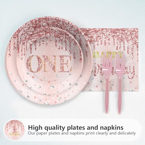 Grencian 96 Pcs 1st Birthday Plates Rose Gold Set for Girl