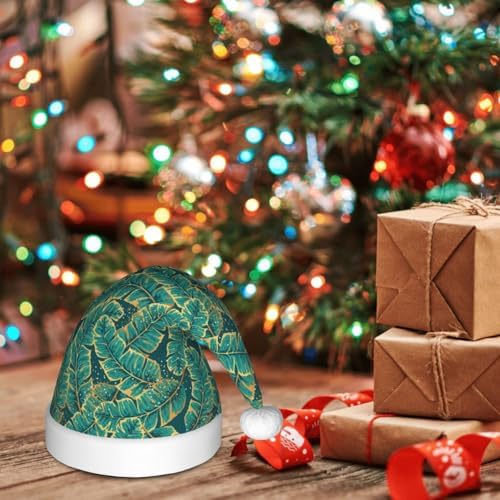 Gold and Green Tropic Leaves Santa Hat for Kids