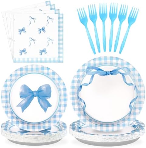 96Pcs Blue Bow Plates Napkins Forks Set for Birthday Party
