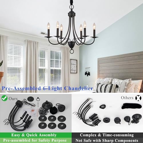 6 Light Black Farmhouse Chandelier with Adjustable Chain