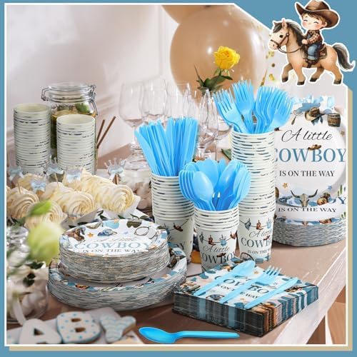Dandat 350 Pcs Cowboy Baby Shower Plates Set