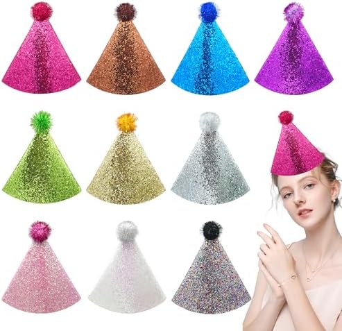 10 Pcs Glitter Pom Pom Party Hats with Elastic Band