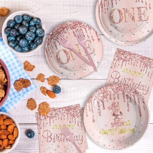 Grencian 96 Pcs 1st Birthday Plates Rose Gold Set for Girl