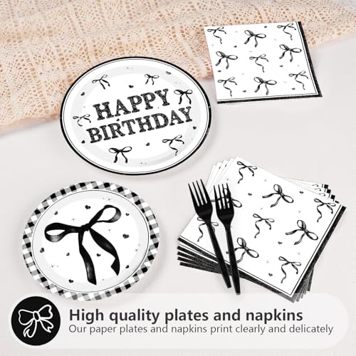Grencian 96Pcs Black Bow Decor Plates Party Supplies