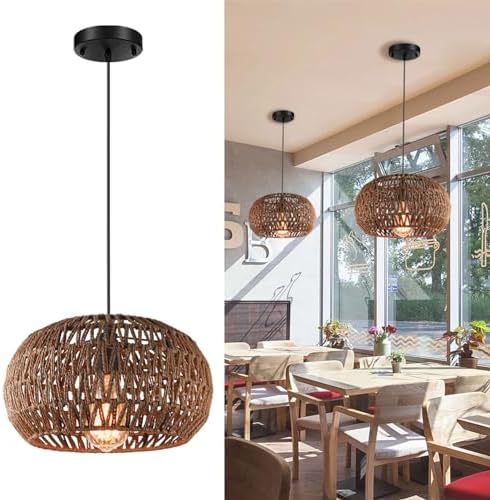 Boho Rattan Chandelier with Handwoven Lampshade 1-Light