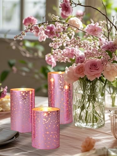 Pink Mercury Glass Flameless LED Candles with Remote and Timer Batteries Included