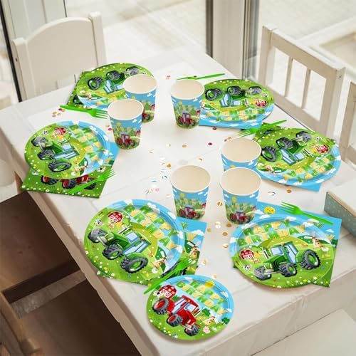 24 Serve Tractor Plates Cups Forks Party Set