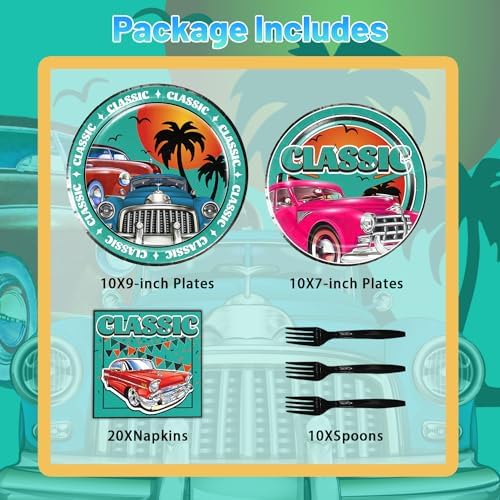 Heidaman Classic Car Paper Plates and Napkins Set