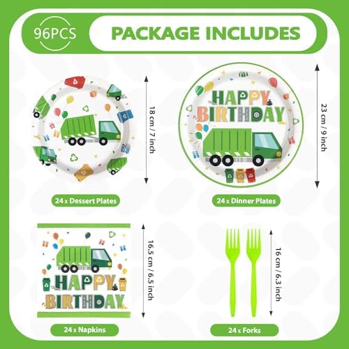 Grencian 96Pcs Trash Truck Party Set - Plates Napkins Forks for Kids