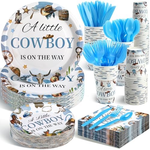 Dandat 350 Pcs Cowboy Baby Shower Plates Set