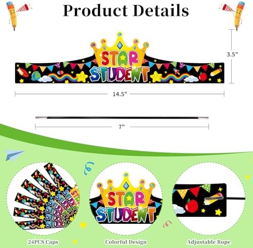 Sicohome Star Student Paper Crowns 24pcs Adjustable Hats for Classroom Rewards