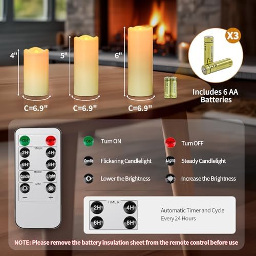 Realistic Battery Operated Flameless Candles with Timer Set of 3