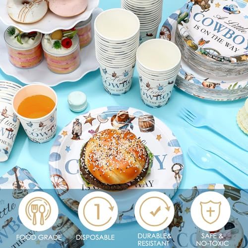 Dandat 350 Pcs Cowboy Baby Shower Plates Set