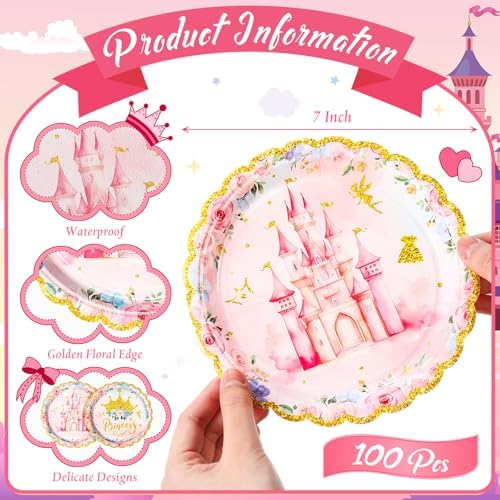 50 Pcs Gold Edge Princess Party Plates For Girls Birthday Celebration