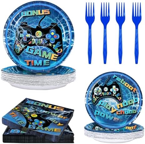 Video Game Party Supplies 120 Pcs Set - Plates Napkins Forks Serves 30