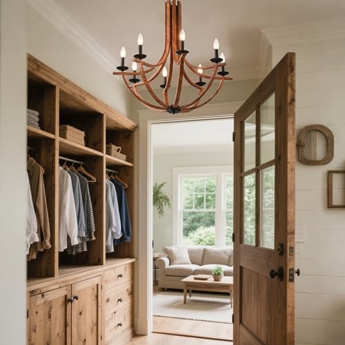 BAOURE Rustic Farmhouse Chandelier 8 Light Wood Texture Hanging Light