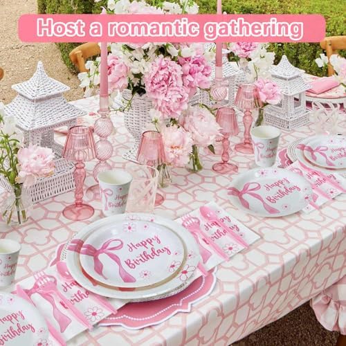 Pink Bow Birthday Plates Set for 25 Guests