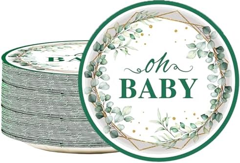 50Pcs Oh Baby Paper Plates Sage Green Party Supplies