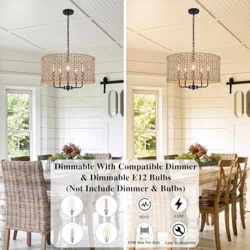 LASENCHOO 5 Light Rattan Drum Chandelier with Height Adjustment